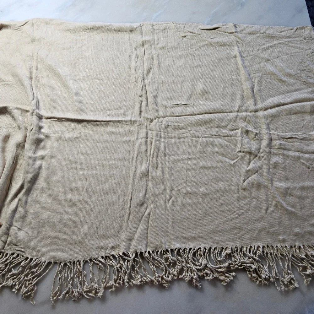 Coldwater Creek Embroidered Fringe Scarf Shawl Wrap Neutral Tan‎